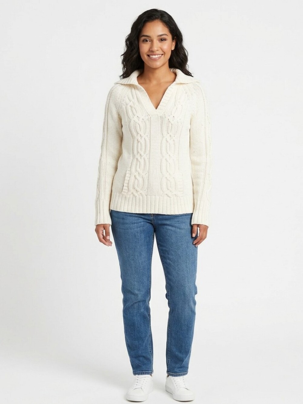 Thick Cable Knit V-neck collared Sweater